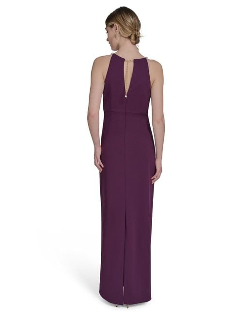 Eliza J Purple Petite Scuba Crepe Halter Side-tuck Gown