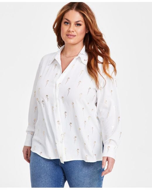 Nina Parker White Plus Size Love-script Metallic-print Blouse