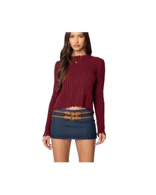 Edikted Red Split Open Back Cable Knit Sweater