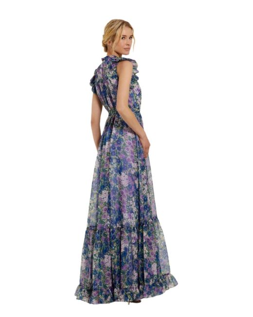 Mac Duggal Blue Printed Chiffon Ruffle Sleeve Gown With Bow Belt