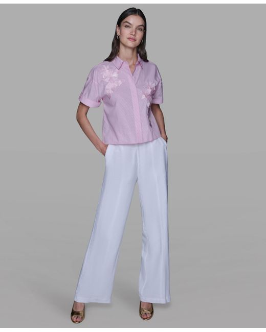 Karl Lagerfeld Purple Striped Floral Detail Top