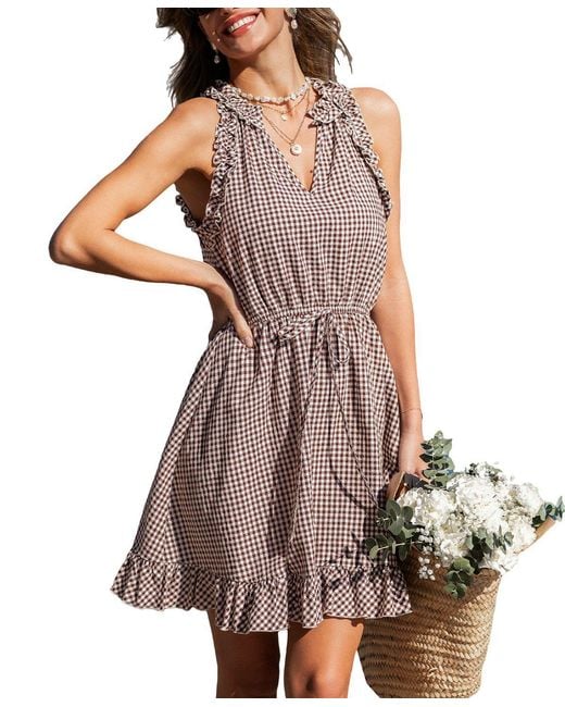 CUPSHE All Fluff Gingham Mini Beach Dress in Brown | Lyst