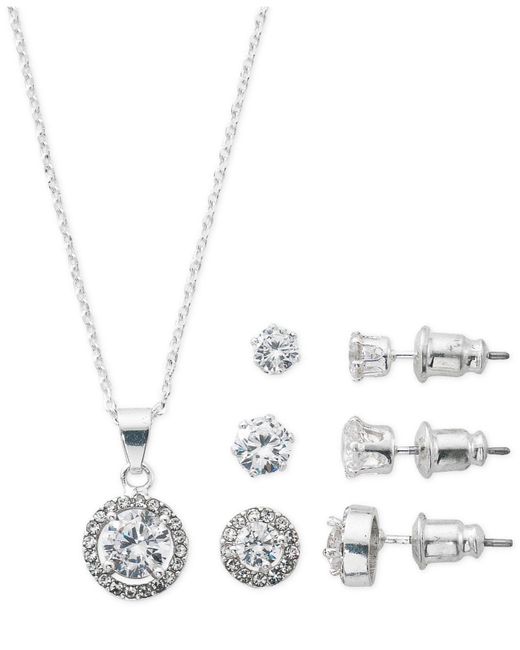 Macy's Metallic Silver Plate Cubic Zirconia Necklace And Stud Earring Set, 18" + 3" Extender
