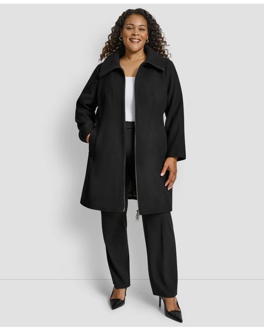 DKNY Black Plus Size Belted Zip-up Wool Coat