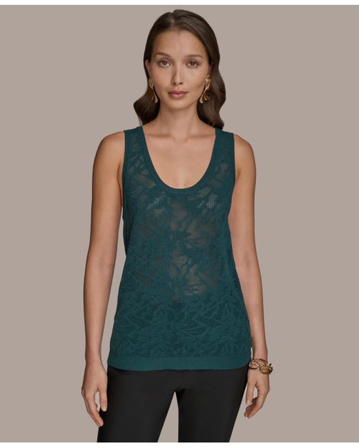 Donna Karan Green Sleeveless Pointelle-knit Tank Top