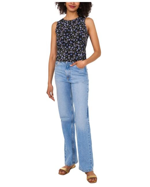 Vince Camuto Blue Printed Keyhole-back Top