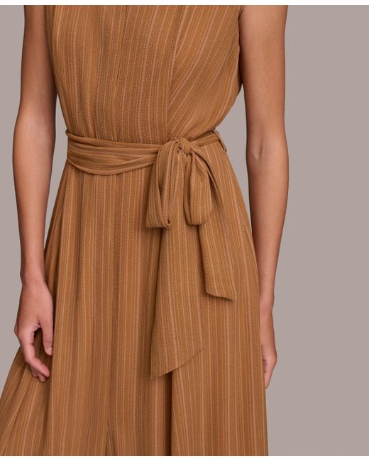 Donna Karan Brown Striped Tie-waist Sleeveless Maxi Dress