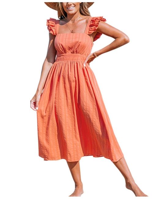 CUPSHE Orange Red Square Neck Flutter Midi Beach Dress