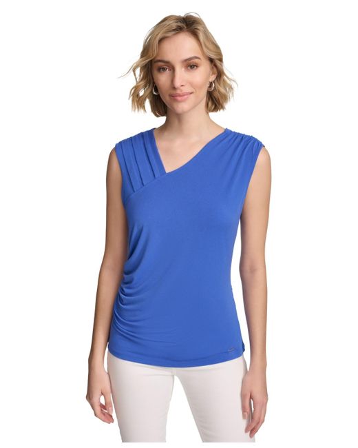 Calvin Klein Blue Asymmetrical-neck Sleeveless Top