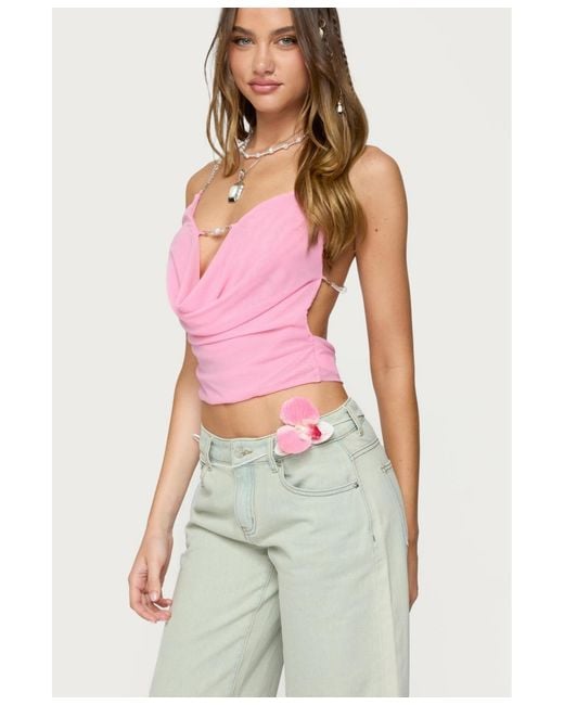 Edikted Pink Beaded Deep Cowl Neck Backless Top