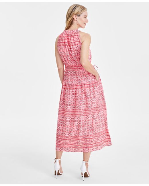 Anne Klein Pink Sleeveless Halter-neck Cotton Midi Dress