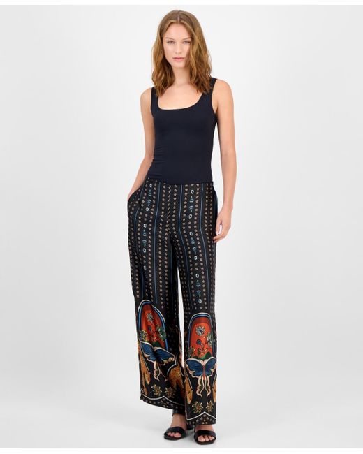 Tahari Blue Printed Pull-on Wide-leg Pants