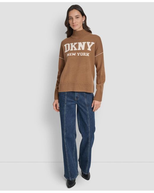 DKNY Blue Intarsia Logo Turtleneck Sweater