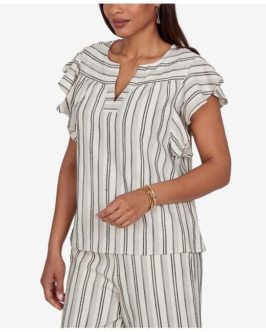 Ruby Rd White Petite Flutter-sleeve Textured Stripe Top