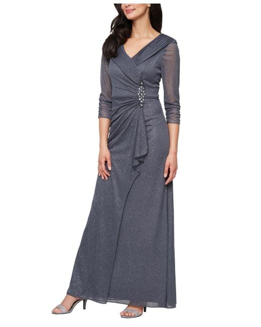 Alex Evenings Blue Glitter Portrait Collar Gown