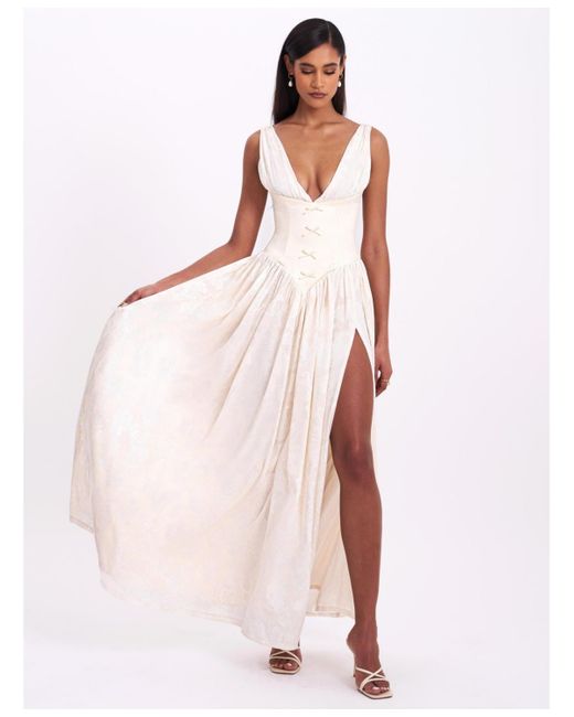 chinese dress ladies Miss Circle Women's Xatia Off White Jacquard Textured High Slit Maxi Dress