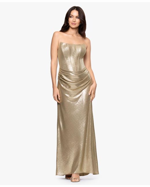 knee length dresses for ladies Betsy & Adam Plus Size V-Neck Foil Mesh A-Line Dress - Navy/Gold