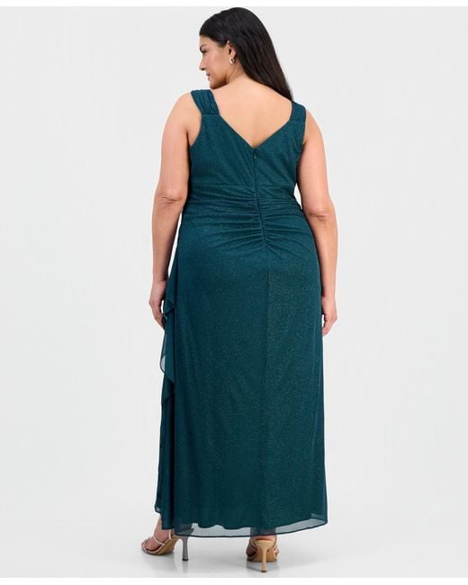 Alex Evenings Blue Plus Size Cowlneck Ruched Glitter Gown