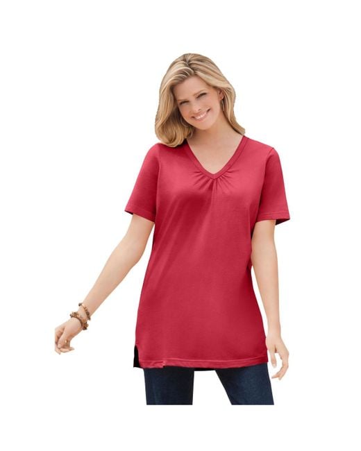 Woman Within Plus Size Within Perfect Short-sleeve Shirred V-neck Tunic