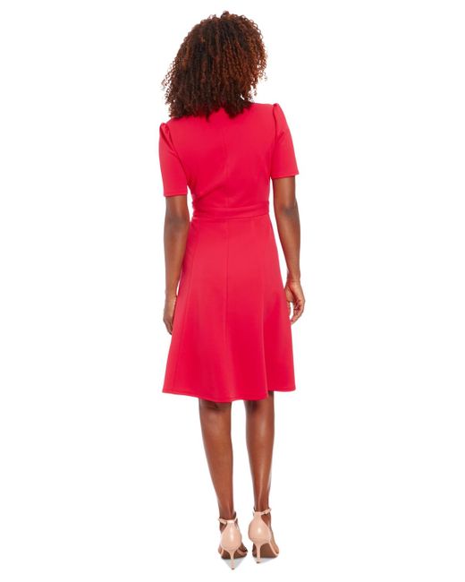 London Times Red Petite Stand-collar Fit & Flare Dress