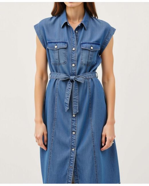 Modenaire Blue Sleeveless Button-front Tie-waist Midi Shirt Dress