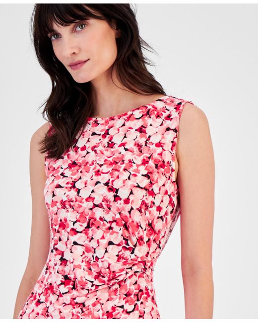 Anne Klein Red Petite Floral-print Pleated-waist Sleeveless Top