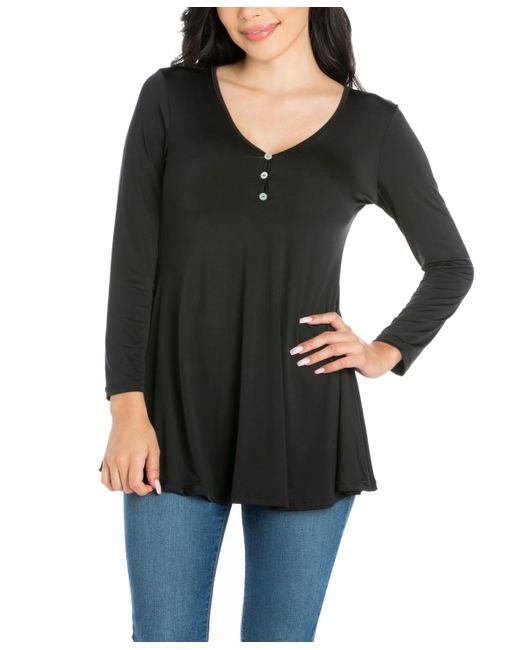 24seven Comfort Apparel Black Flared Long Sleeve Henley Tunic Top