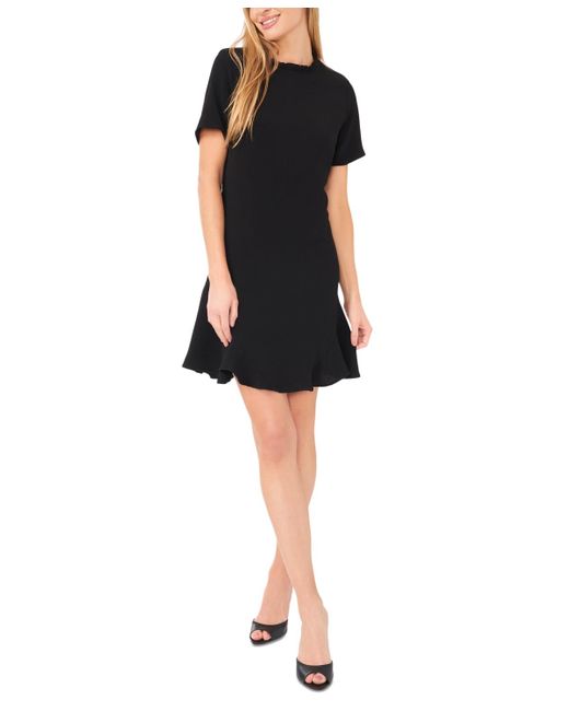 Cece Black Ruffle Trim Short Sleeve Godet A-line Dress