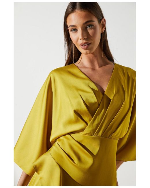 Coast Yellow Satin Back Crepe Ruffle Wrap Midi Dress