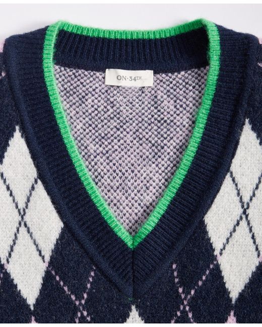 On 34th Blue Argyle V-neck Drop-shoulder Sweater