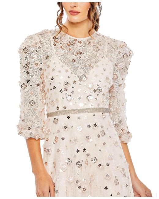 Mac Duggal Natural Floral Applique Puff Sleeve High Neck A-line Gown