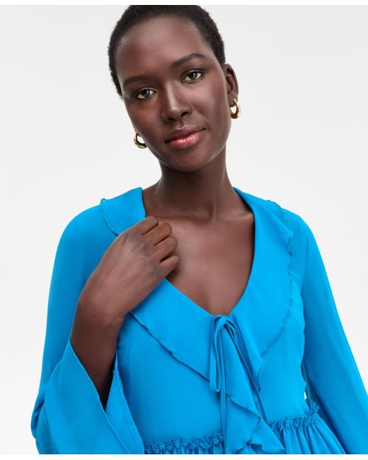 INC International Concepts Blue Printed Ruffle-collar Top