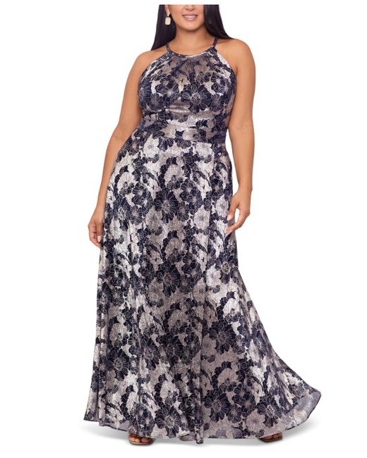 Betsy And Adam Plus Size Floral Foil Print Halter Neck Gown In Blue Lyst 2432