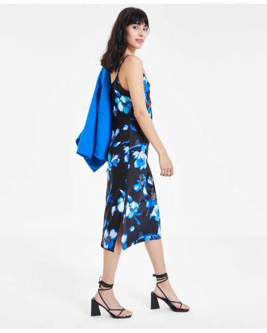 BarIII Blue Floral-print Bias-cut Midi Dress