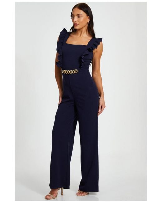 Quiz Blue Scuba Crepe Chain Front Frill Jumpsuit