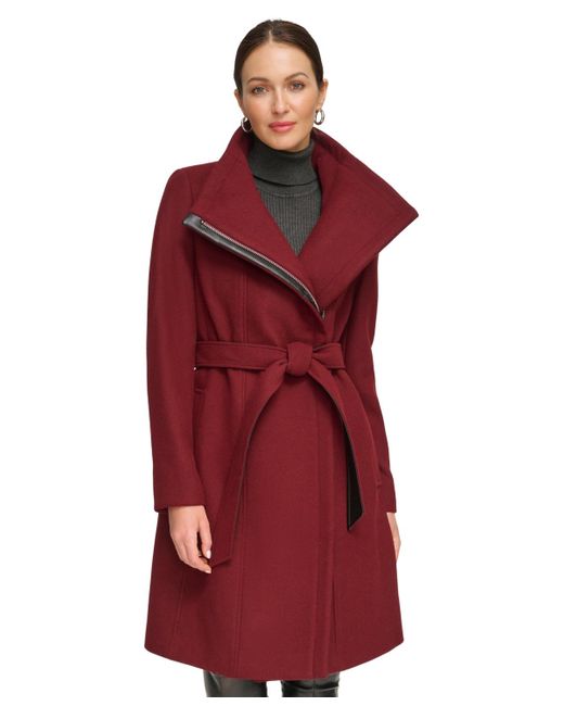 DKNY Red Asymmetrical Belted Funnel-neck Wool Blend Coat