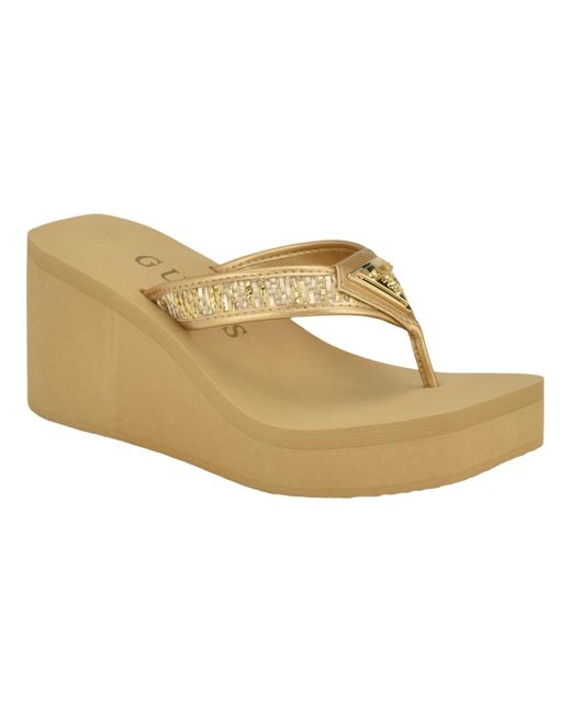Guess White Demmey Logo Thong Square Toe Wedge Sandals
