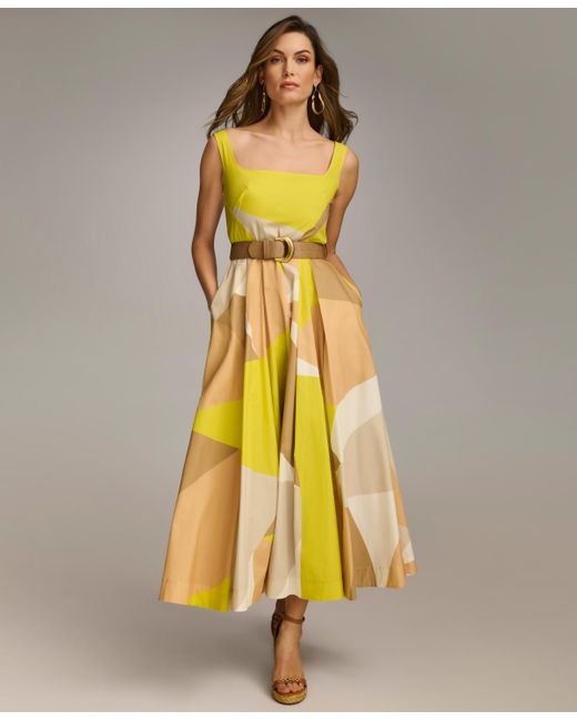 Donna Karan Metallic Square-neck Buckled Sleeveless Dress