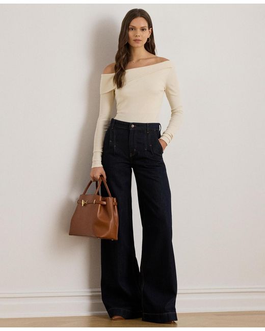 Ralph Lauren Natural Ribbed Asymmetrical Off-the-shoulder Top