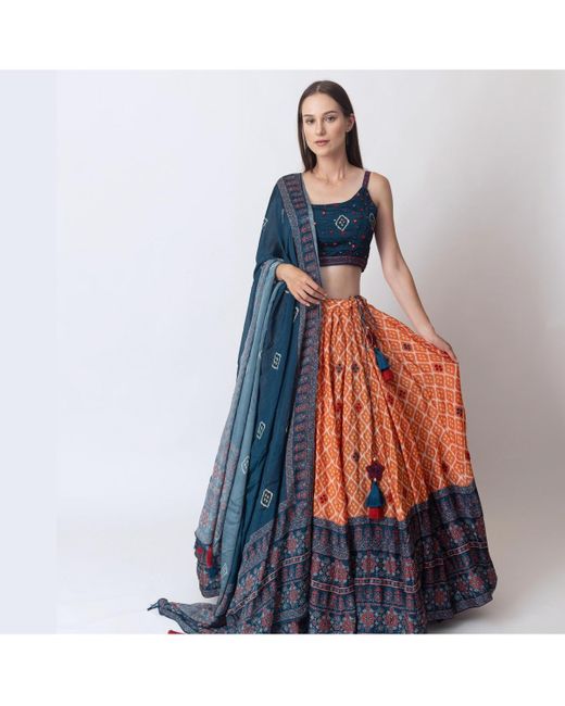 Ras White Bandhani And Ajrakh Print Chaniya Choli