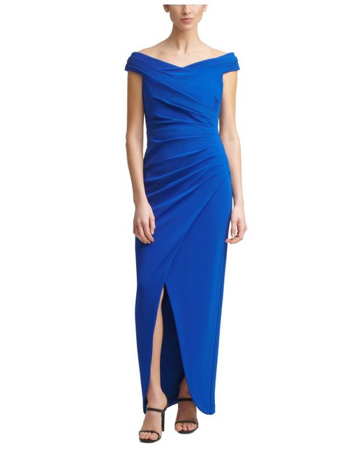 Calvin Klein Blue Off-the-shoulder Ruched Gown