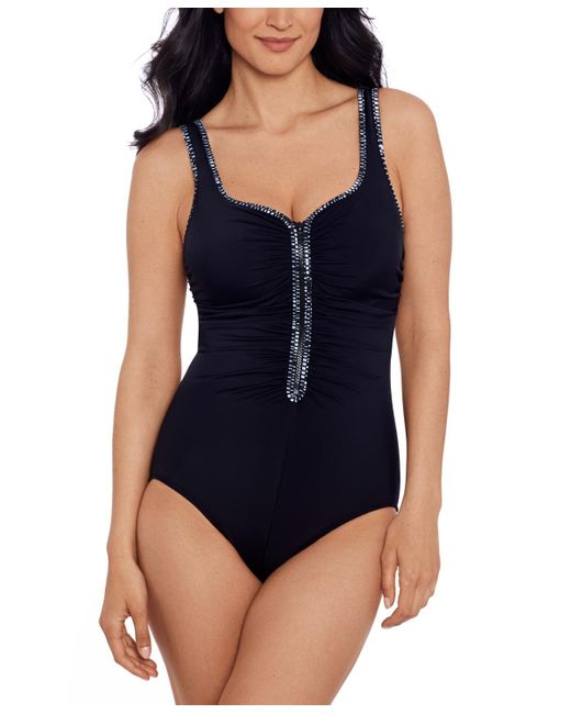 Swim Solutions Blue Shirred Zip-front One-piece Swimsuit