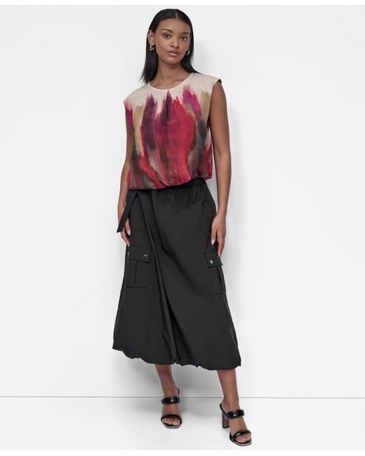 DKNY Red Printed Cap-sleeve Crewneck Top