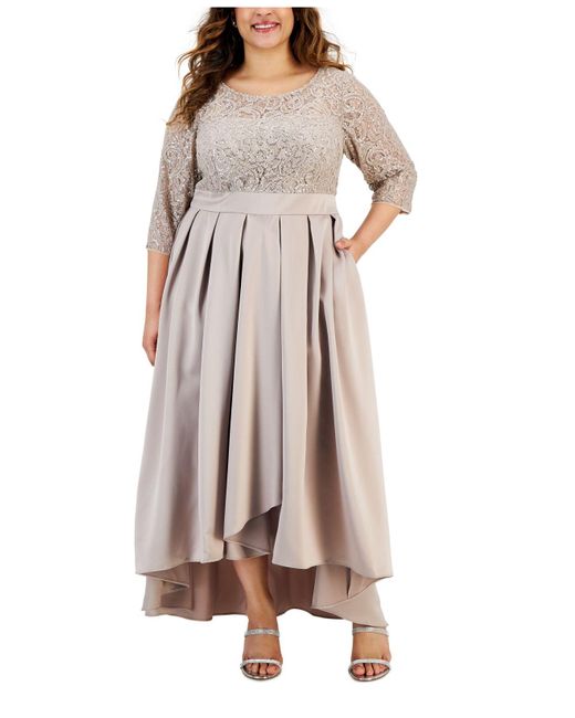 Alex Evenings Plus Size Lace Bodice Ruched Empire Waist Scallop Surplice  V-Neck 3/4 Sleeve Gown | Dillard's