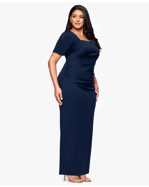 Betsy & Adam Blue Plus Size Long Tech Scuba Open Back Dress