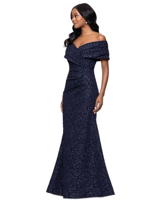 Betsy & Adam Blue Off-the-shoulder Brocade Gown