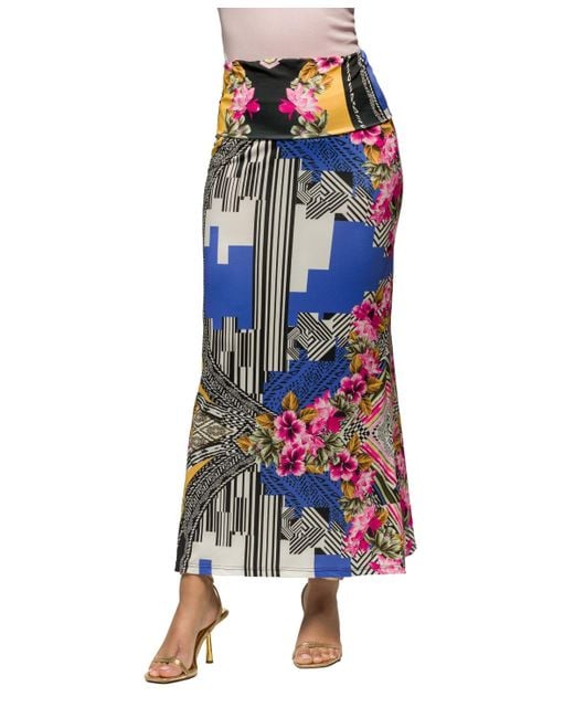 24seven Comfort Apparel Blue Multicolor Floral Print Fold Over Waist Maxi Skirt