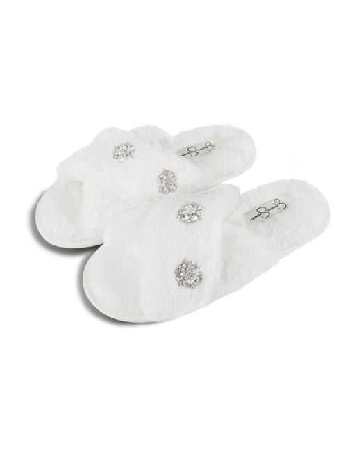 Jessica Simpson White Embellished Cross Band Slide Slippers