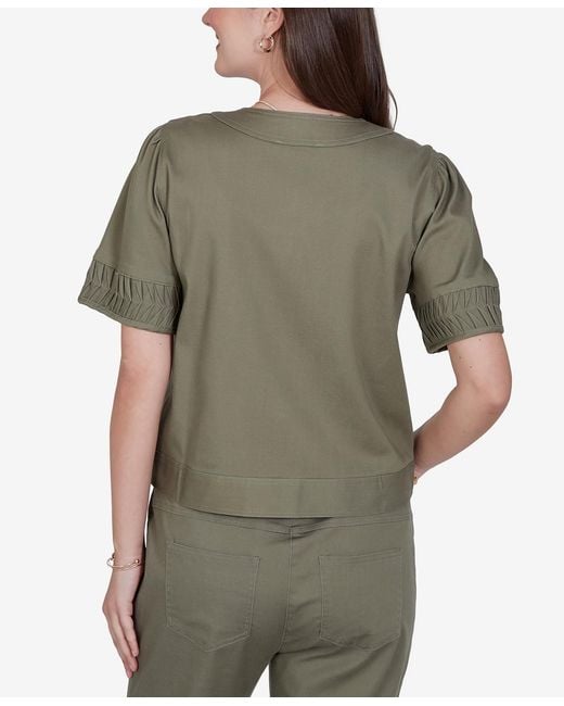 Ruby Rd Green Petite Pleated Short-sleeve Soft Denim Jacket