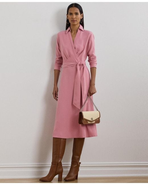 Ralph Lauren Self-belt Long-sleeve Surplice Georgette Midi Dress in Pink |  Lyst